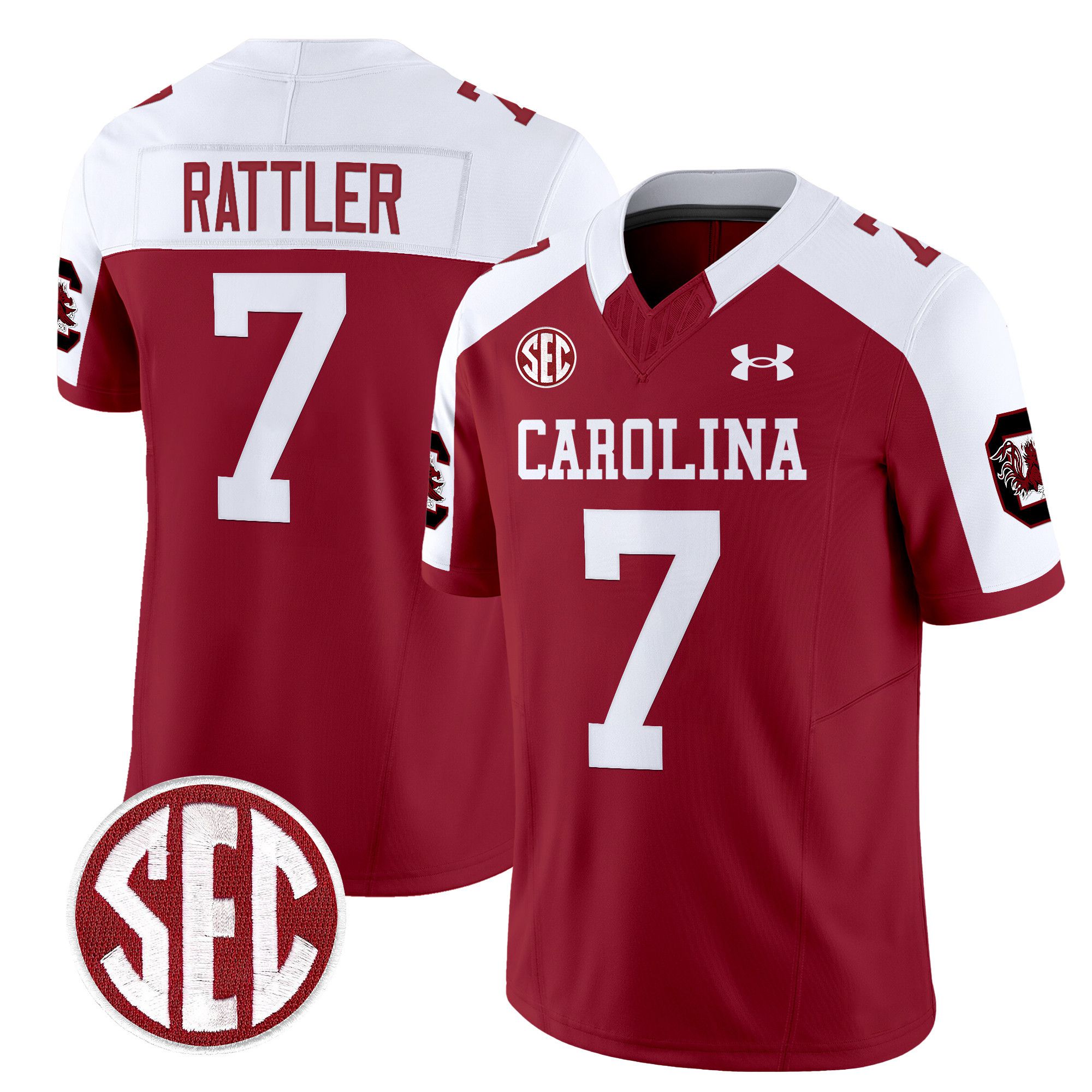 Men South Carolina Gamecocks #7 Rattler Red 1980 Throwback Vapor Limited 2024 NCAA Jersey style 1